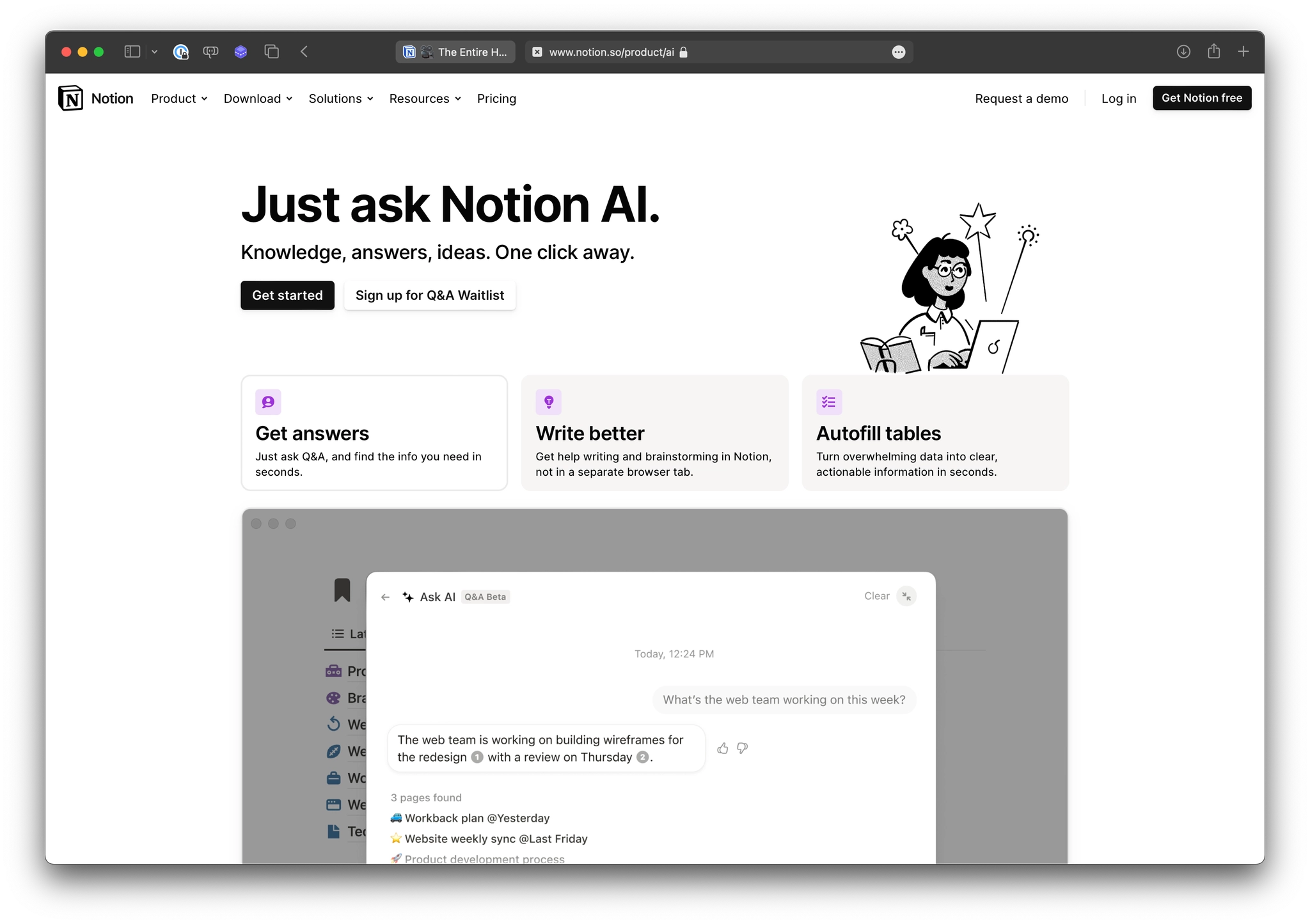 Landing page for Notion's Ask AI product